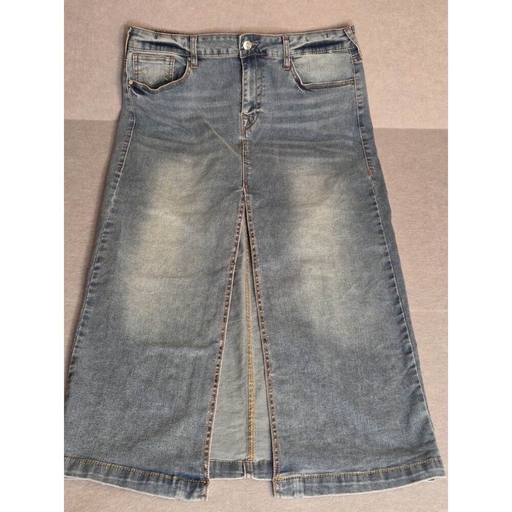 TRUE RELIGION Denim Maxi Jean Skirt Womens Size 32 Stretch Blue Front Slit Long